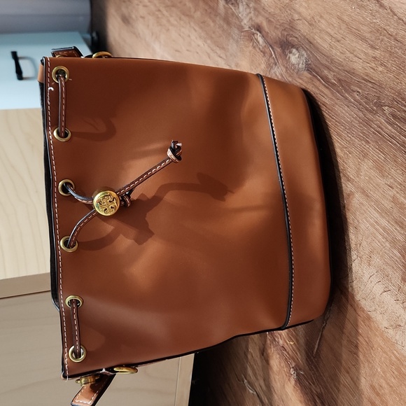 Tory Burch T Monogram Leather Moose Brown Bucket Bag Luxury NWOT! - Picture 6 of 9